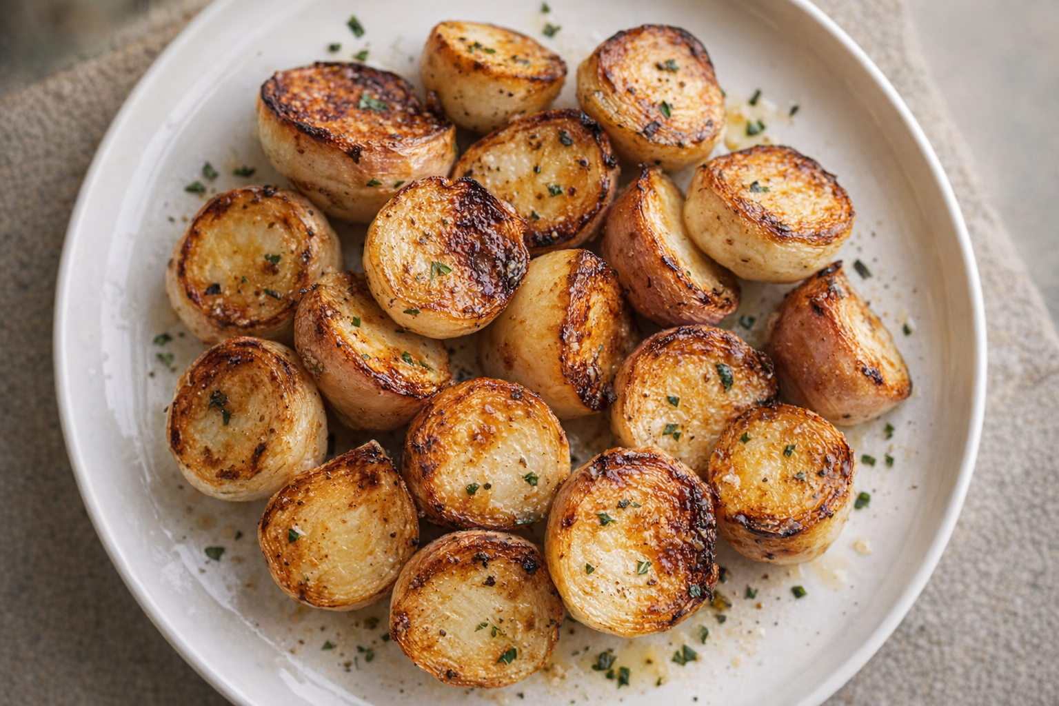 A top-down, brightly lit studio shot of perfectly roasted turnips, golden brown and slightly caramelized, arranged artfully on a white plate